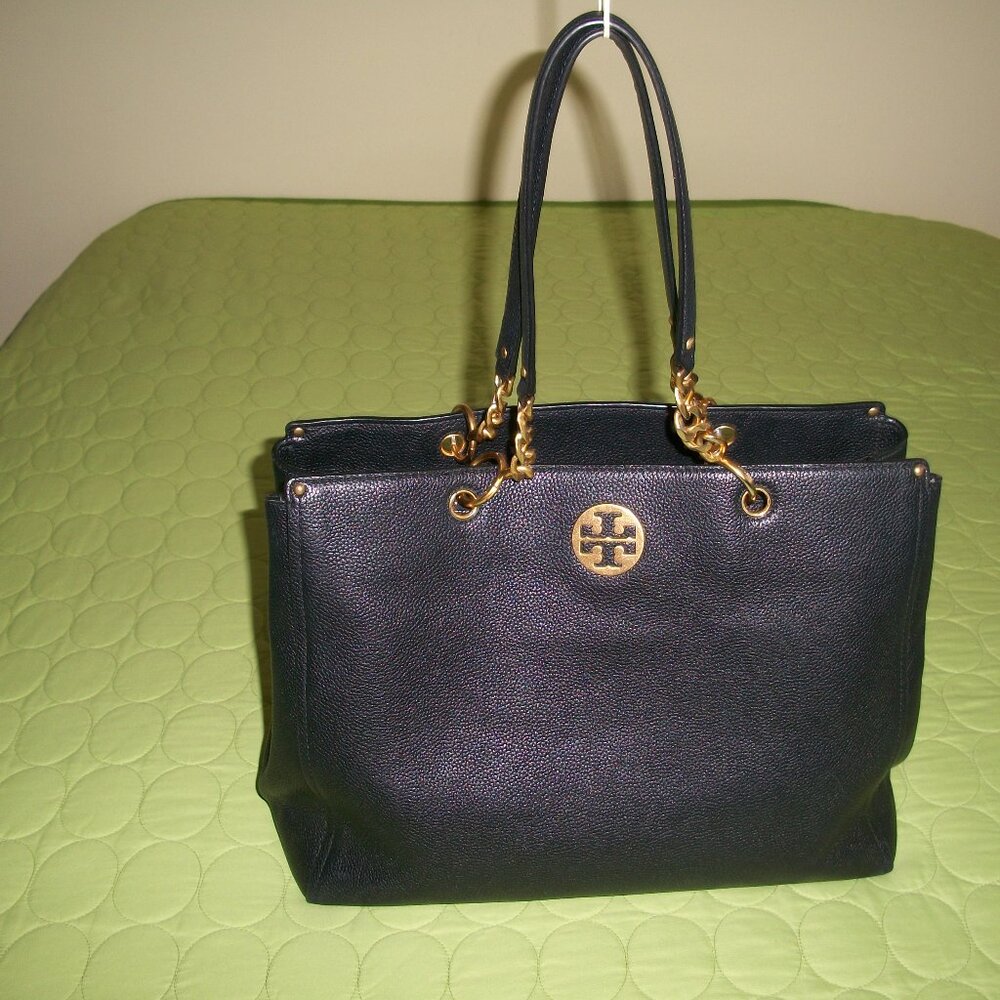Tory Burch Everly Black Leather Gold Chain Large Tote